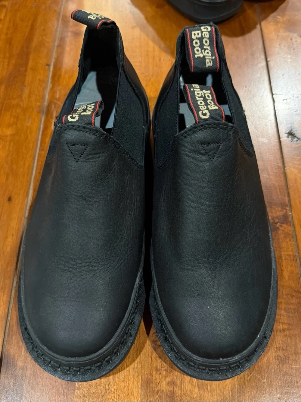 Georgia Boot Black Slip-On Work Boots with Red Trim Pull Tabs